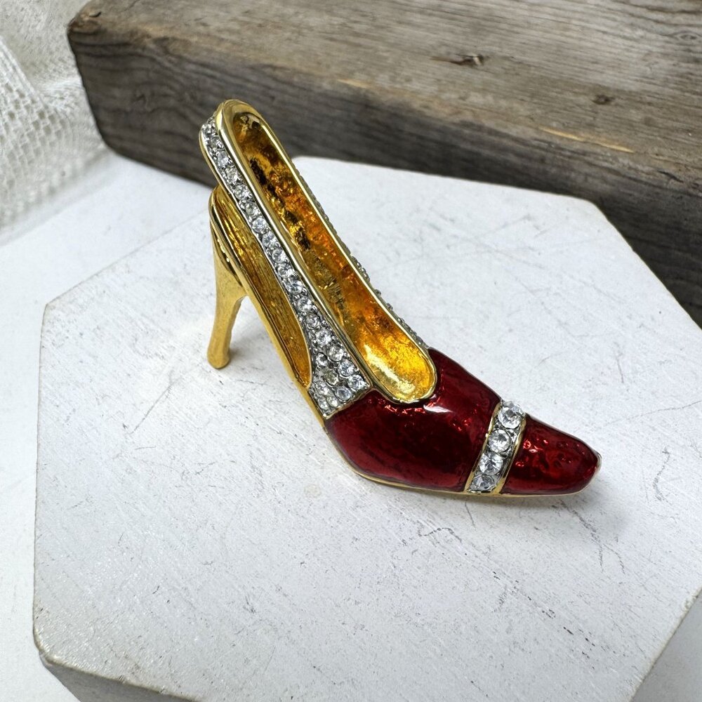 Miniature High Heel Shoe Brooch With Rhinestones & Red Enamel Finish Pin